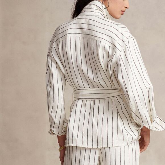 RALPH LAUREN NWT Linen Striped Belted Utility Shirt Jacket in Cream Brown Size 6 - Picture 2 of 13